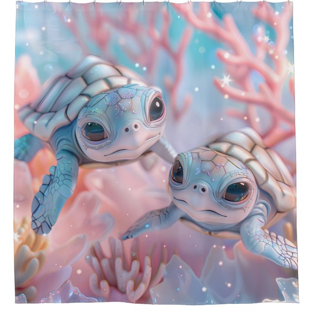 Cute pastel kawaii turtles shower curtain (Front)