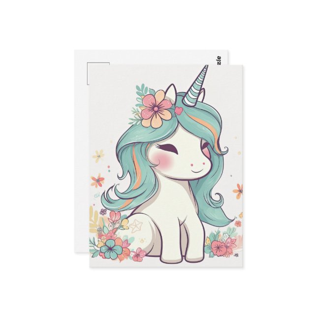 Cute Pastel Kawaii Unicorn Postcard (Front/Back In Situ)