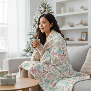 Cute Pastel Kawaii Winter Santa & Snowman Pattern Sherpa Blanket