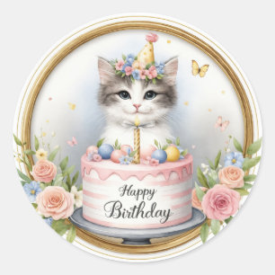 Cute Pastel Kitten Birthday Cake - Birthday Classic Round Sticker