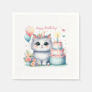 Cute Pastel Kitten Birthday Cake - Birthday Napkin