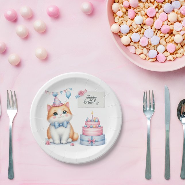 Cute Pastel Kitten Birthday Cake - Birthday Paper Plate (Creator Uploaded)