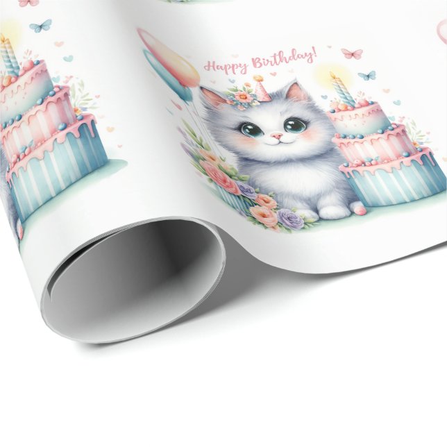 Cute Pastel Kitten Birthday Cake - Birthday Wrapping Paper (Roll Corner)