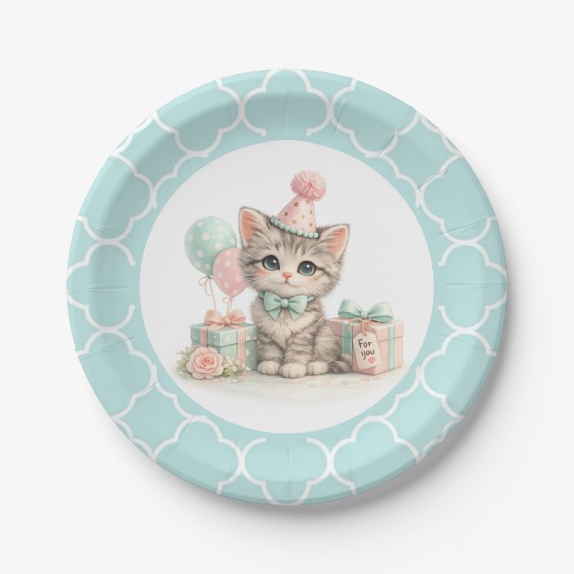 Cute Pastel Kitten Birthday Party  Paper Plate (Front)