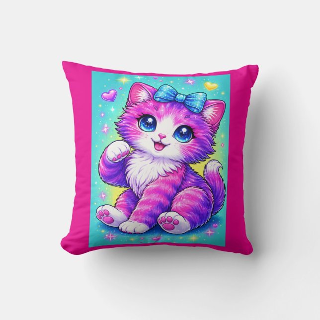 Cute Pastel Kitten Pillow Design with Bow and Spar (Front)