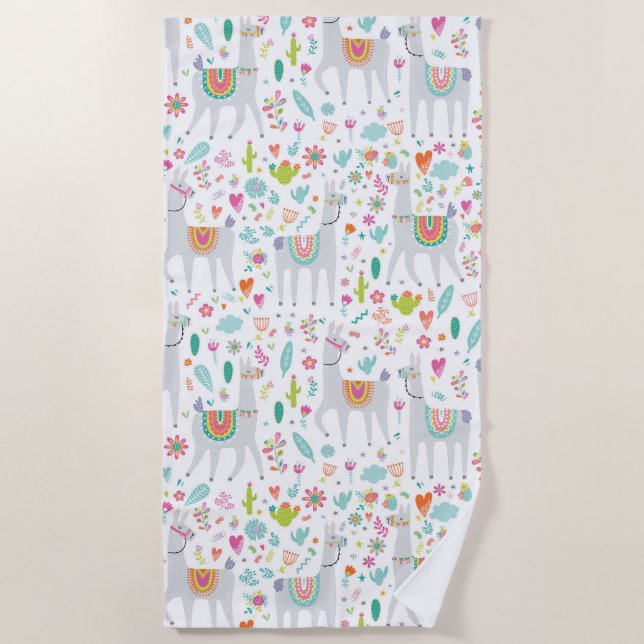 Cute Pastel Llama Pattern Beach Towel (Front)