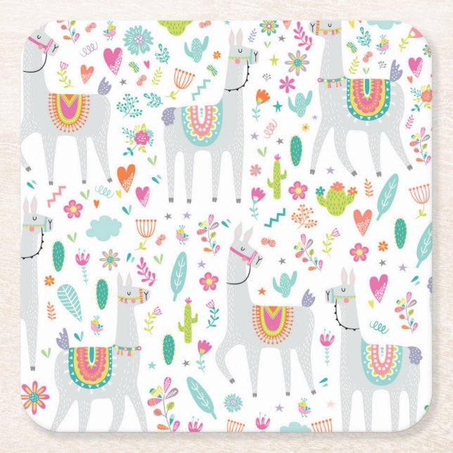 Cute Pastel Llama Pattern Square Paper Coaster (Front)