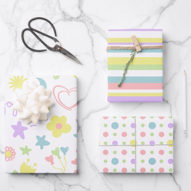 Cute Pastel Love Smile Polka Dot Stripes Kids Gift Wrapping Paper Sheet (Front)
