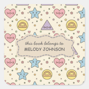 Cute Pastel Math Shapes Pattern Name Bookplate Square Sticker