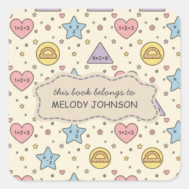 Cute Pastel Math Shapes Pattern Name Bookplate Square Sticker (Front)