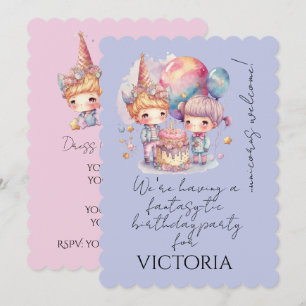 Cute Pastel Mauve Unicorn Children Cake Balloons Invitation