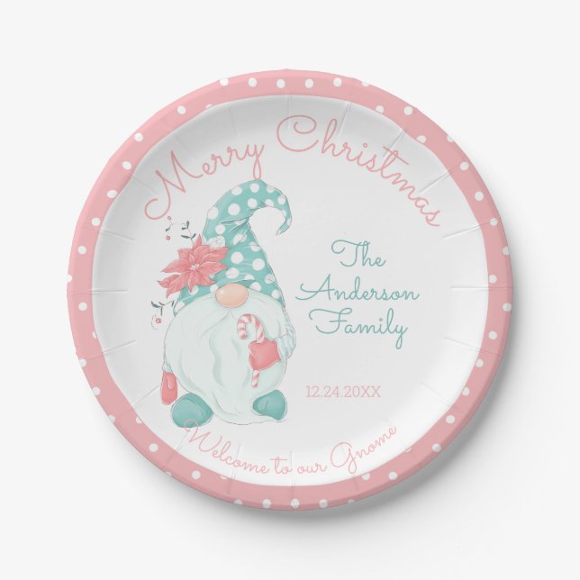 Cute Pastel Merry Christmas Family Welcome Gnome Paper Plate (Front)
