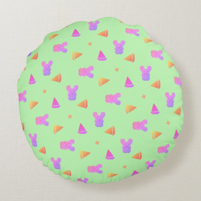 Cute Pastel Mouse with boat Pattern on Green  Round Cushion (Back)