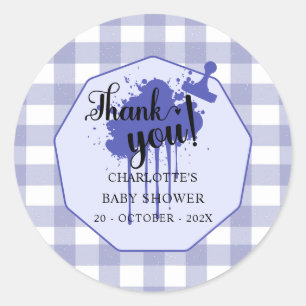 Cute Pastel Navy Gingham Baby Shower Classic Round Sticker