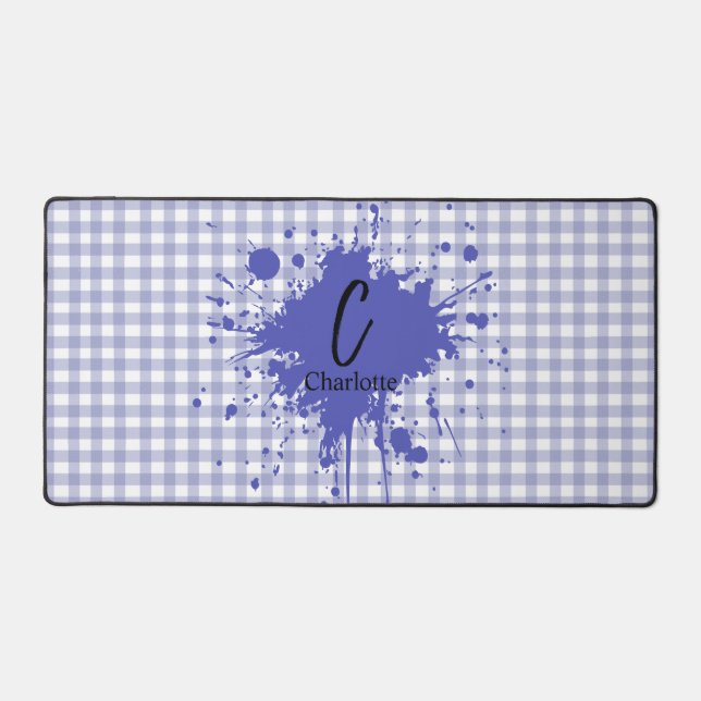 Cute Pastel Navy Gingham Pattern Desk Mat (Front)