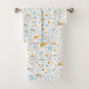 Cute Pastel Neighborhood Map Pattern Bath Towel Set