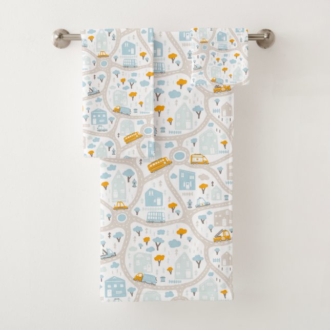 Cute Pastel Neighbourhood Map Pattern Bath Towel Set (Insitu)