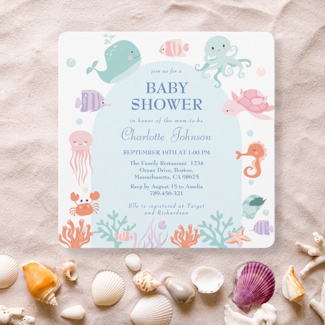 Cute Pastel Ocean Friends Blue Baby Shower Invitation (Creator Uploaded)