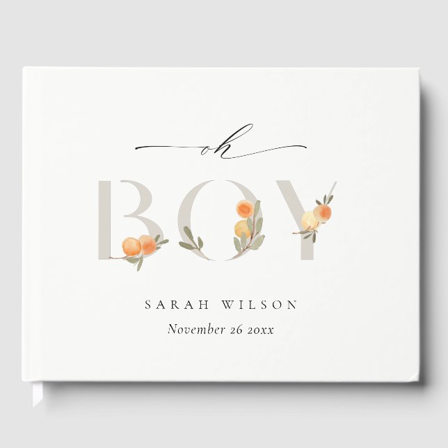 Cute Pastel Orange Floral Boho Oh Boy Baby Shower Guest Book (Front)