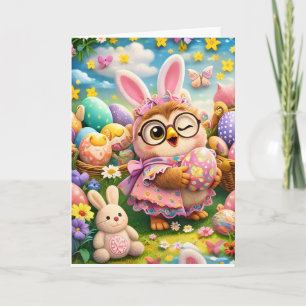 Cute pastel owl bunny Easter happy birthday Card