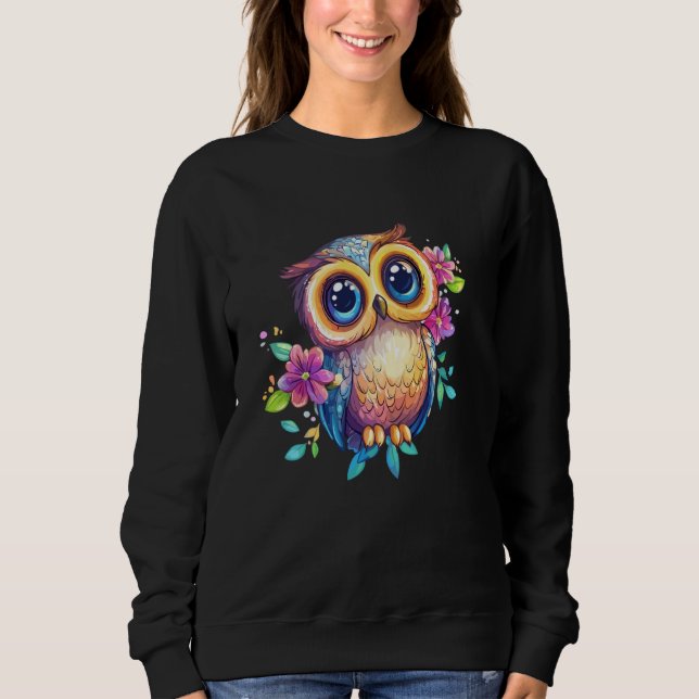 Cute Pastel Owl with Flowers Big Eyes Boho Nature Sweatshirt (Front)