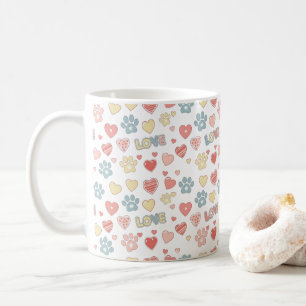 Cute Pastel Paw Prints and Hearts "LOVE" Pattern Coffee Mug
