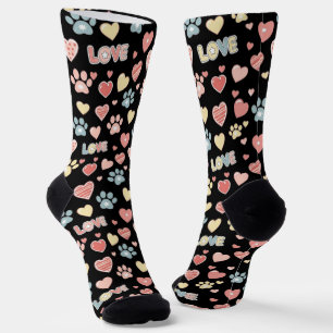 Cute Pastel Paw Prints and Hearts Pattern "LOVE" Socks