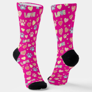Cute Pastel Paw Prints and Hearts Pattern "LOVE"  Socks