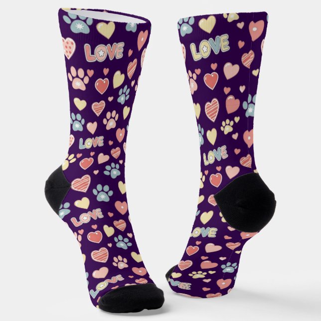 Cute Pastel Paw Prints and Hearts Pattern "LOVE"  Socks (Angled)