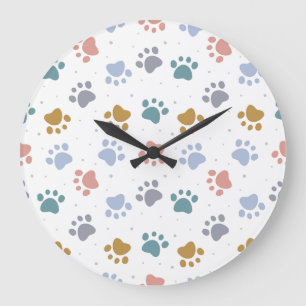 Cute Pastel Paw Prints Minimalist Pattern Large Clock