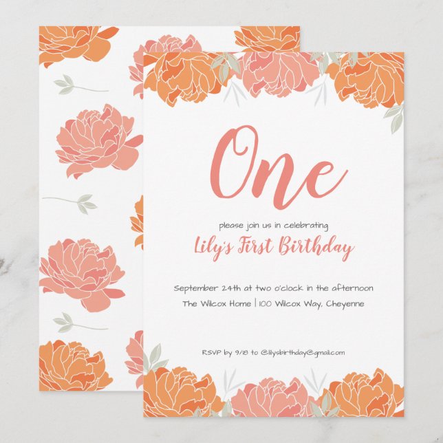 Cute Pastel Peonies Baby Girl's 1st Birthday Party Invitation (Front/Back)