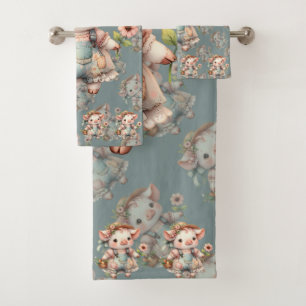 Cute Pastel Piglet in Cottagecore Overalls Bath Towel Set