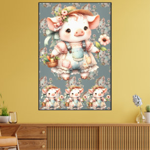 Cute Pastel Piglet in Cottagecore Overalls Canvas Print