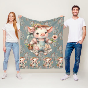 Cute Pastel Piglet in Cottagecore Overalls Fleece Blanket