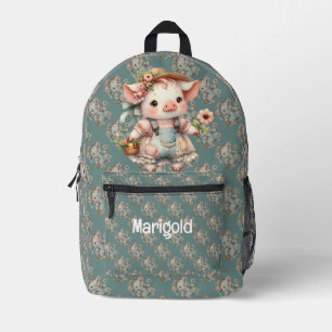 Cute Pastel Piglet in Cottagecore Overalls Printed Backpack