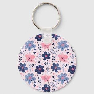 Cute Pastel Pink And Blue Floral Spring Garden Key Ring
