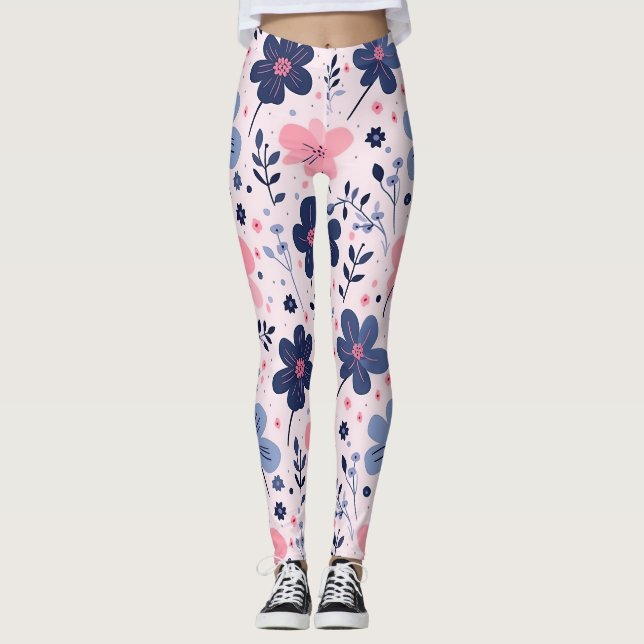 Cute Pastel Pink And Blue Floral Spring Garden Leggings (Front)
