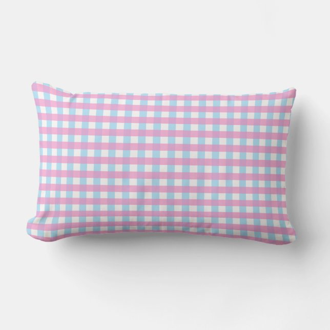 Cute Pastel Pink Blue Gingham Check Lumbar Cushion (Front)
