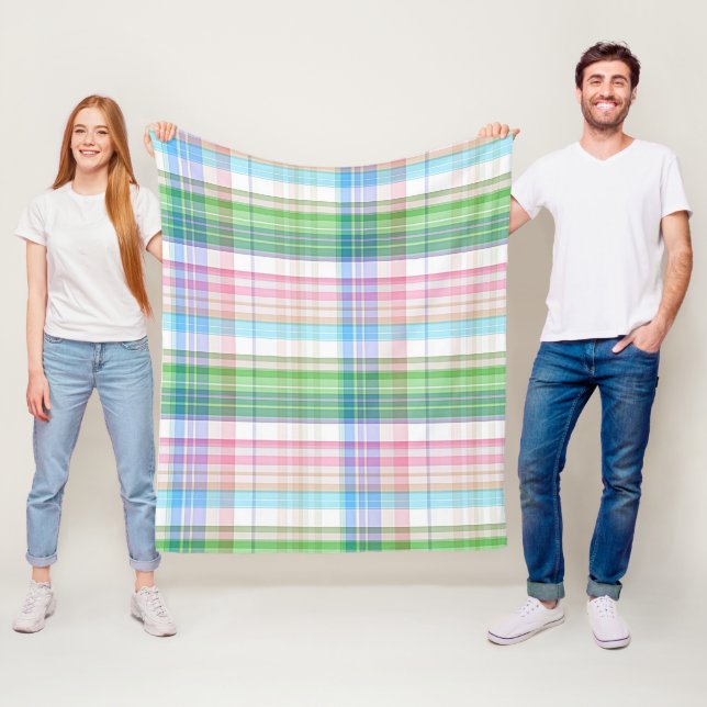 Cute Pastel Pink Blue Green Tartan Plaid Pattern Fleece Blanket (In Situ)
