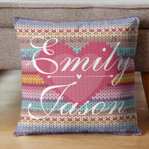 Cute Pastel Pink Blue Heart Knitted Pattern Cushion