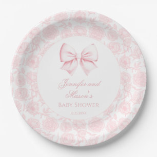 Cute pastel pink bow bohemian baby girl shower paper plate