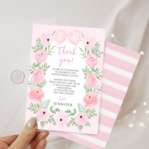 Cute pastel pink bow floral elegant baby shower thank you card