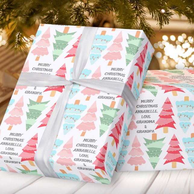 Cute Pastel Pink Colourful Christmas Tree Name Wrapping Paper (Cute Pastel Pink Colorful Christmas Tree Name Wrapping Paper)