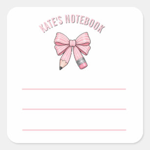 Cute Pastel Pink Cute School Pencil Bow Notebook Square Sticker