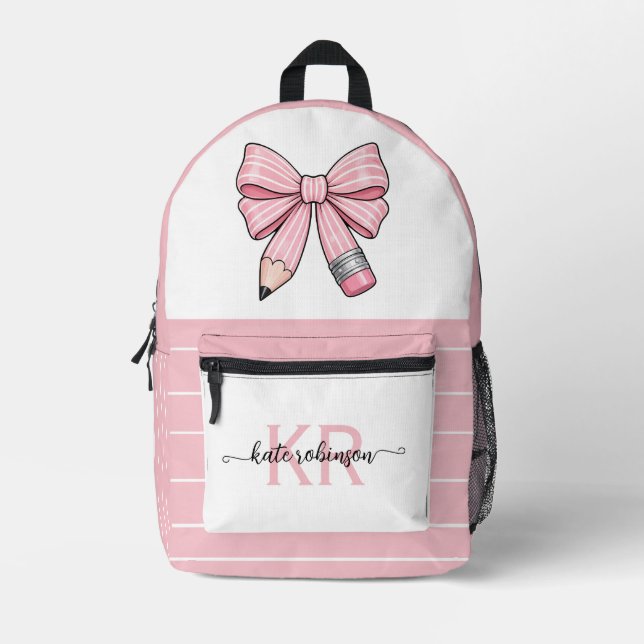 Cute Pastel Pink Cute School Pencil Bow  Printed Backpack (Front)
