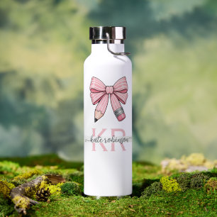 Cute Pastel Pink Cute School Pencil Bow Water Bottle