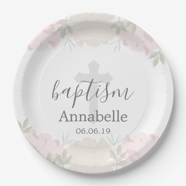 Cute Pastel Pink Floral Baby Baptism Paper Plate (Front)
