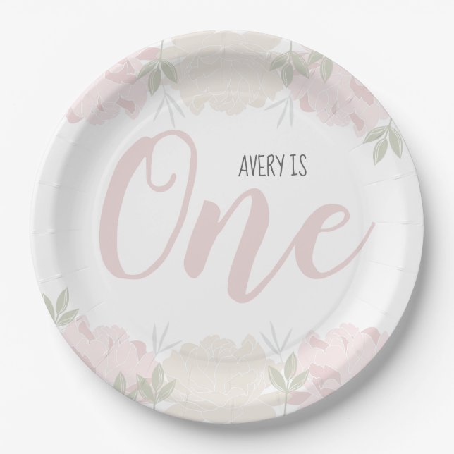 Cute Pastel Pink Floral Baby's 1st Birthday Paper Plate (Front)