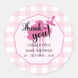Cute Pastel Pink Gingham Baby Shower Classic Round Sticker