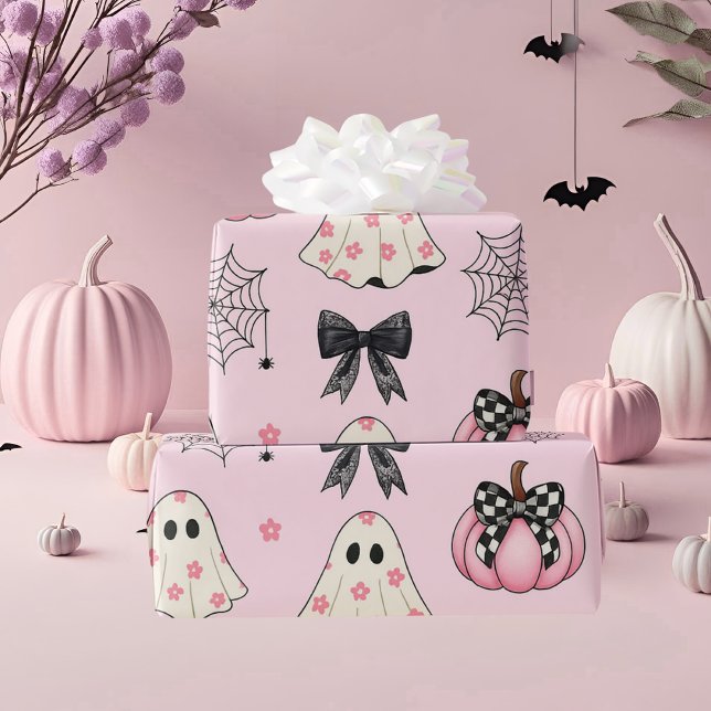 Cute Pastel Pink Halloween Ghost, Pumpkin  Wrapping Paper (Creator Uploaded)